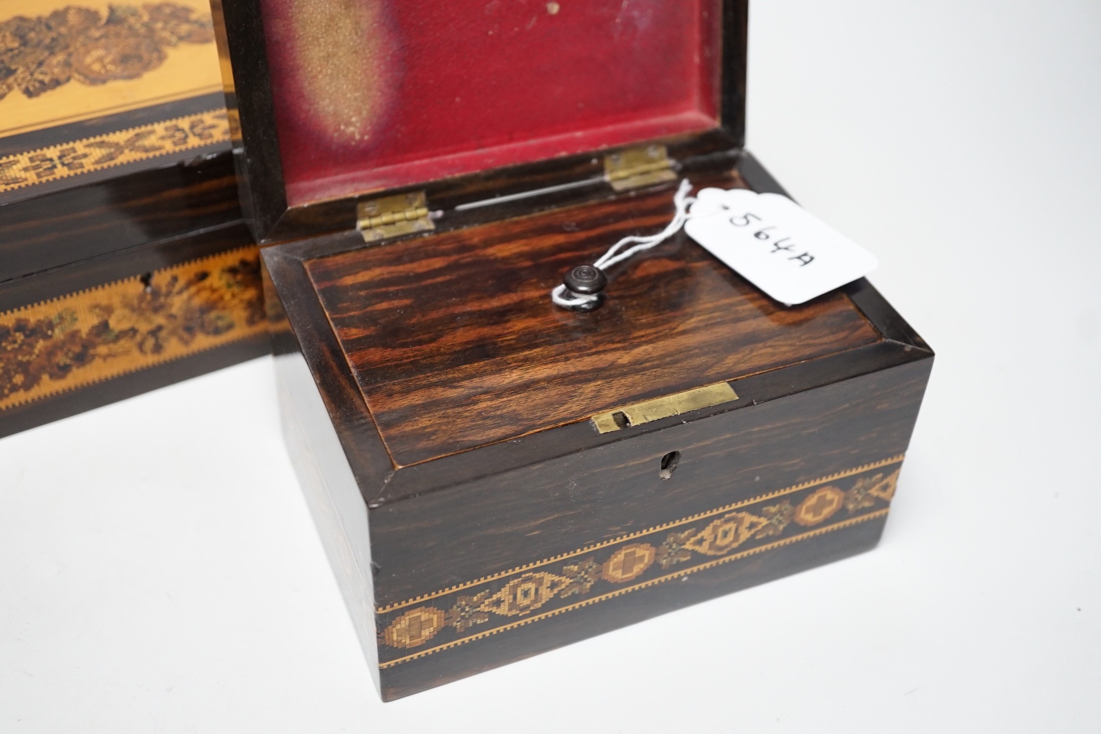 Two Tunbridge ware coromandel or rosewood ground boxes, largest 20cm